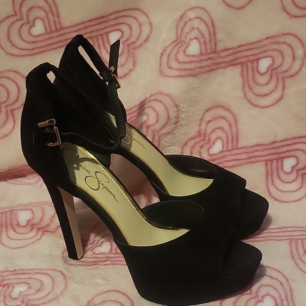 Jessica Simpson Black Suede Open-Toe Platform Heels with Ankle Strap